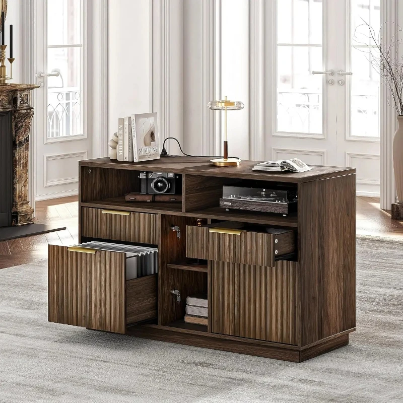 4 Drawer File Cabinet, Fluted Wood Lateral Filing Cabinet with Lock and Charging Station for Home Office, Printer