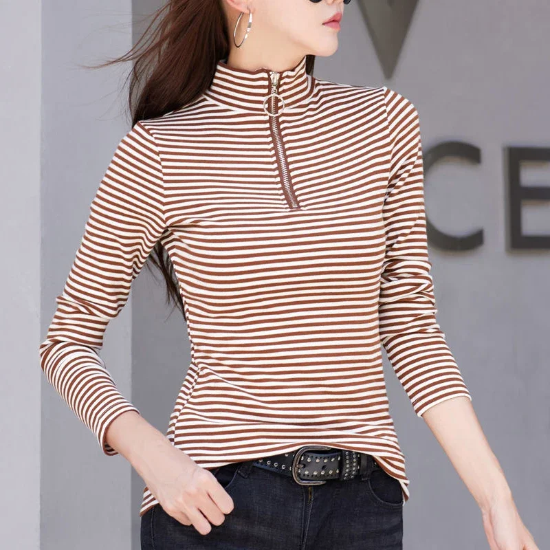 Korean Fashion Stand Collar Half Zipper Striped Cotton Basic T-shirt Casual Long Sleeve Slim Pullover Tops Ropa De Mujer ZL413