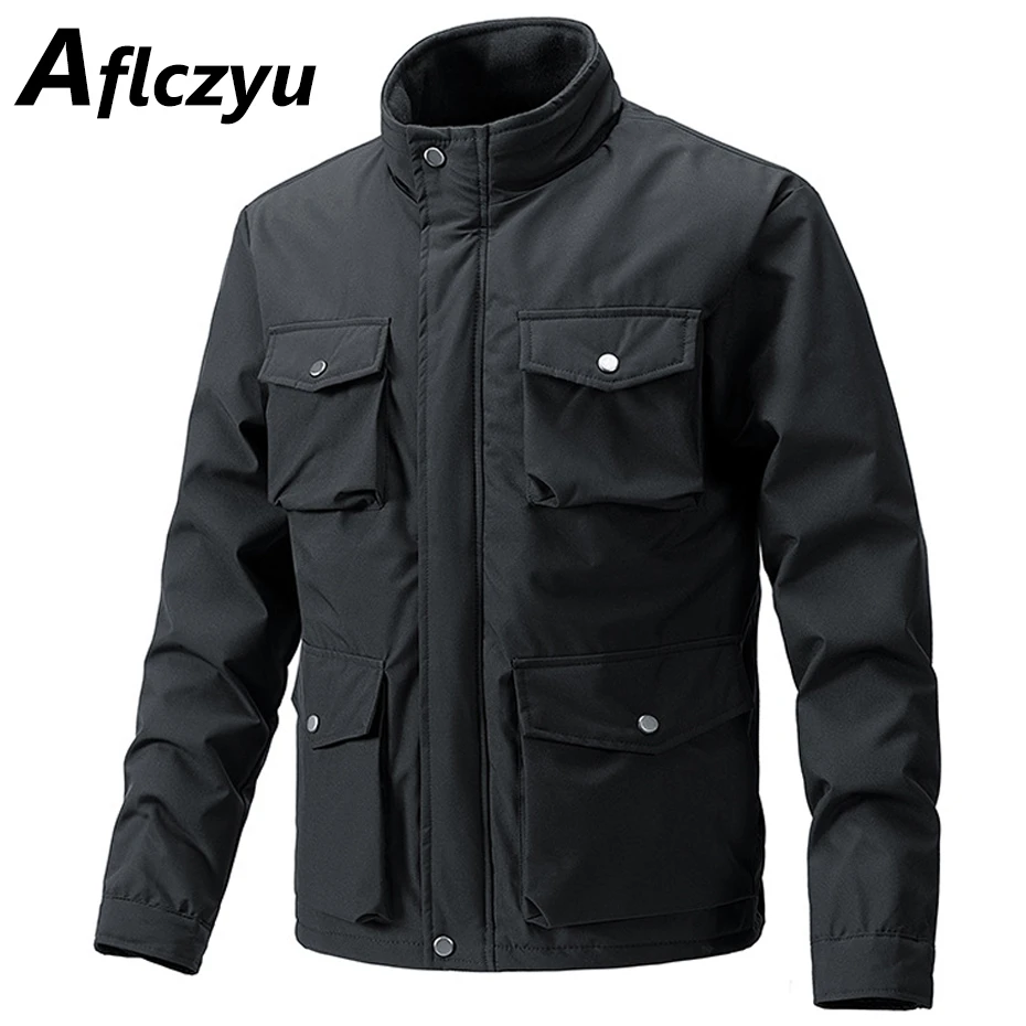 

Stand Collar Cargo Jacket Men Autumn Winter Warm Thcik Jacket Coat Male Fashion Casual Solid Color Jackts Coats Black Green