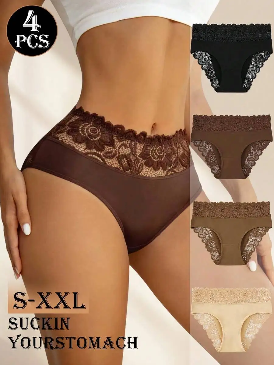 

4pcs High Waist Lace Trim Womens Panties Comfortable Stretchy Underwear For Daily Wear
