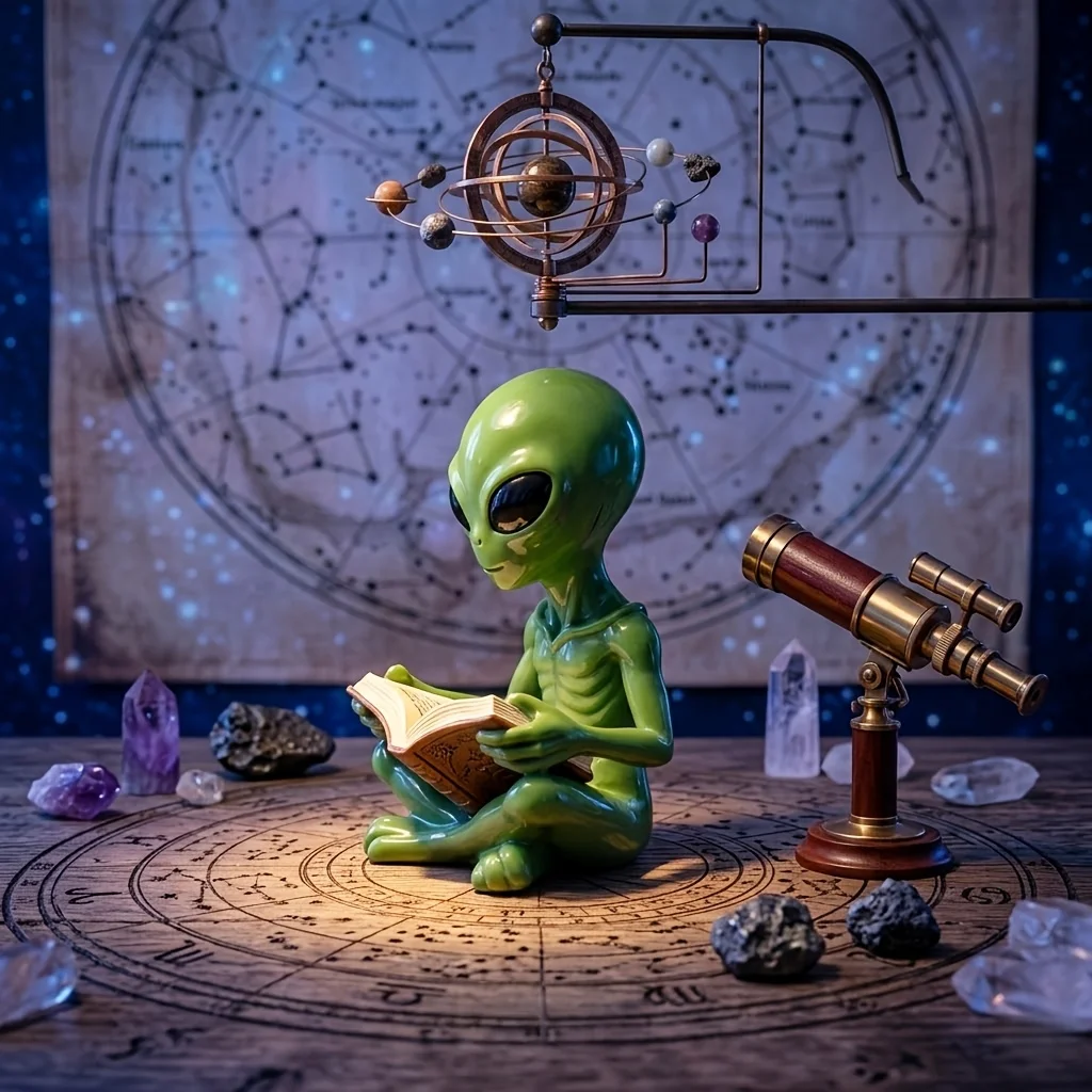 Fun Alien Figurine, Resin Material, Reading Alien Sculpture,Statue Desk Accessory,Cute Sci-Fi UFO Decoration for Bookshelves
