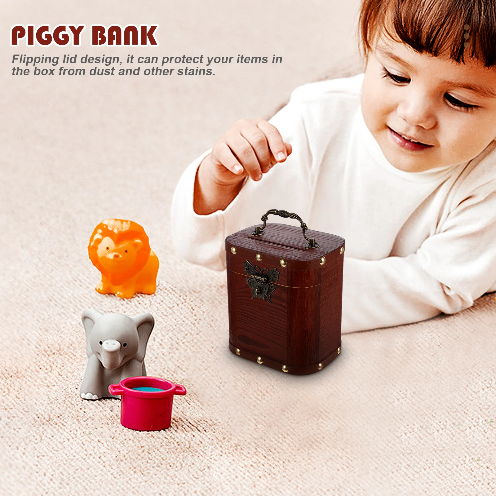 

Wooden Piggy Small Piggy Bank Wooden Brown No Carving Coin Jar Random Lock Storage Box Home Ornament Retro Style
