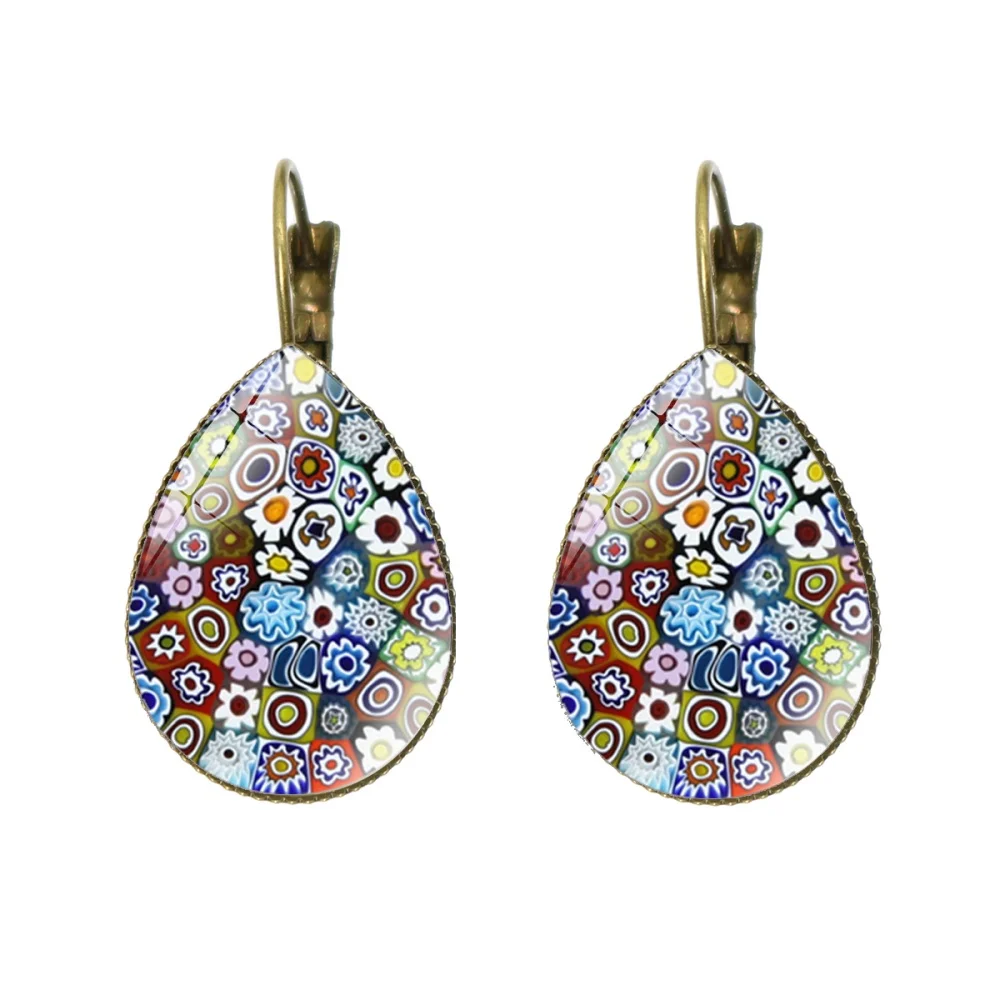 New Murano Millefiori Drop Earrings Multi Colour Flower 18mm Glass Cabochon Earring Jewelry For Women Girls Gift Wholesale