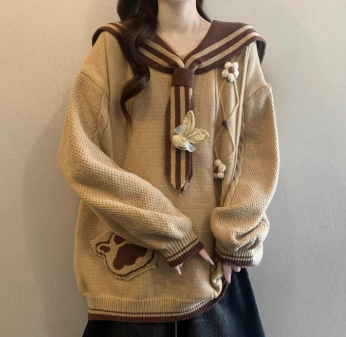 جديد كبير الحجم الخريف الحلو البحرية طوق طويلة الأكمام محبوك أعلى الحد من العمر كلية فضفاضة تنوعا اليابانية سترة المرأة