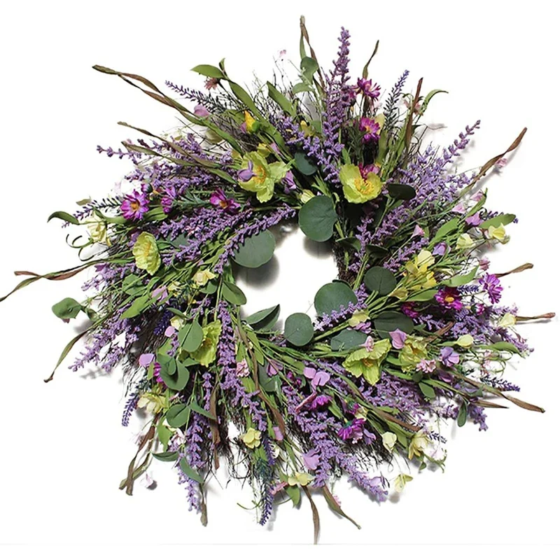 

24Inch Artificial Lavender Wreath Front Door Floral Flower Wreath Eucalyptus Leaves Spring Summer for Outdoor Wall Home Holiday