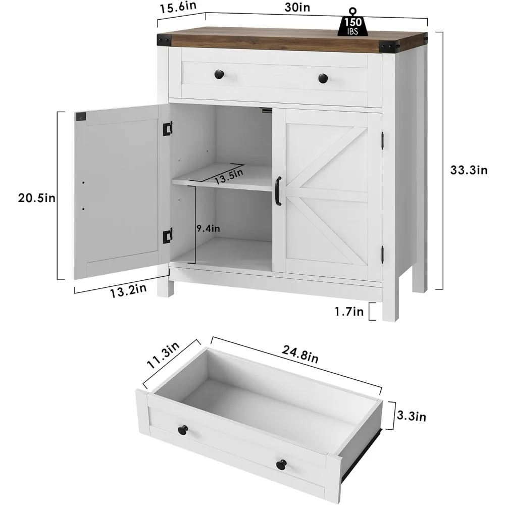 Aparador de Buffet de granja moderno con cajón y estante ajustable, armario de almacenamiento de puerta de granero para comedor, blanco