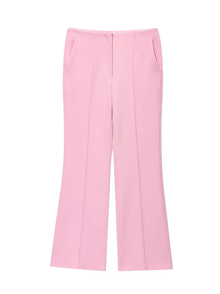 TFMLN New Women Vest Pant Two Pieces Sets Pink O-neck Sleeveless Tank Vest Flare Trousers Chic Office Lady Basic Elegant Suits