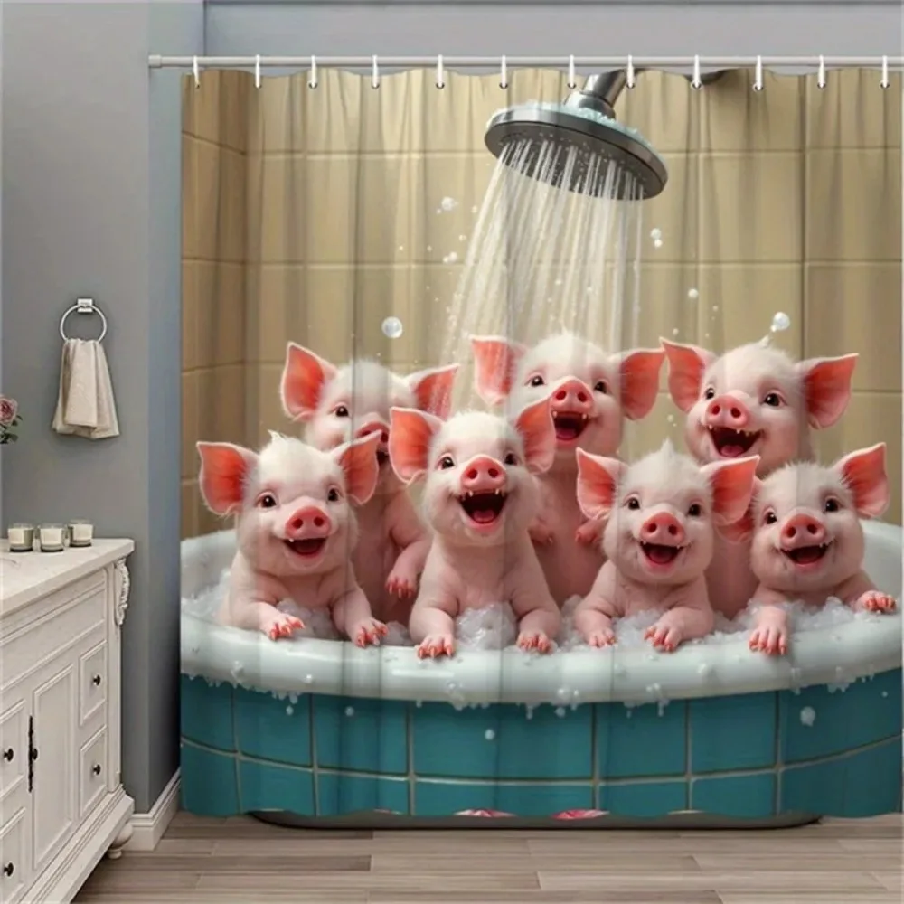 

Naughty Piggy in Bathtub Shower Curtain Splashing Water Soap Bubbles Design Whimsical Animal Artistic Decor with Hooks