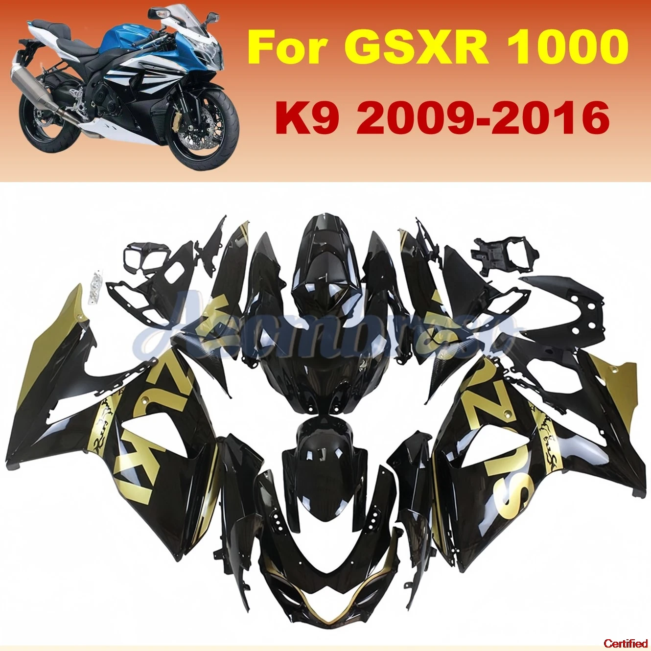 ABS Injection Fairing kit For GSXR1000 2009 2010 2011 2012 2013 2014 2015 2016 K9 09-16 GSXR 1000 Gloss Black Gold Bodykits