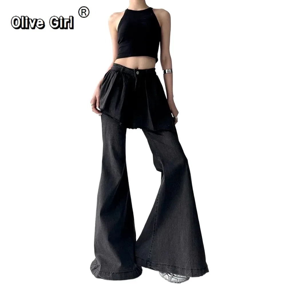 Olivegirl Women's Black Gothic Baggy Jeans Irregular Skirt Y2K Harajuku Streetwear 2000S Aesthetics Retro Jeans Pants Clothing