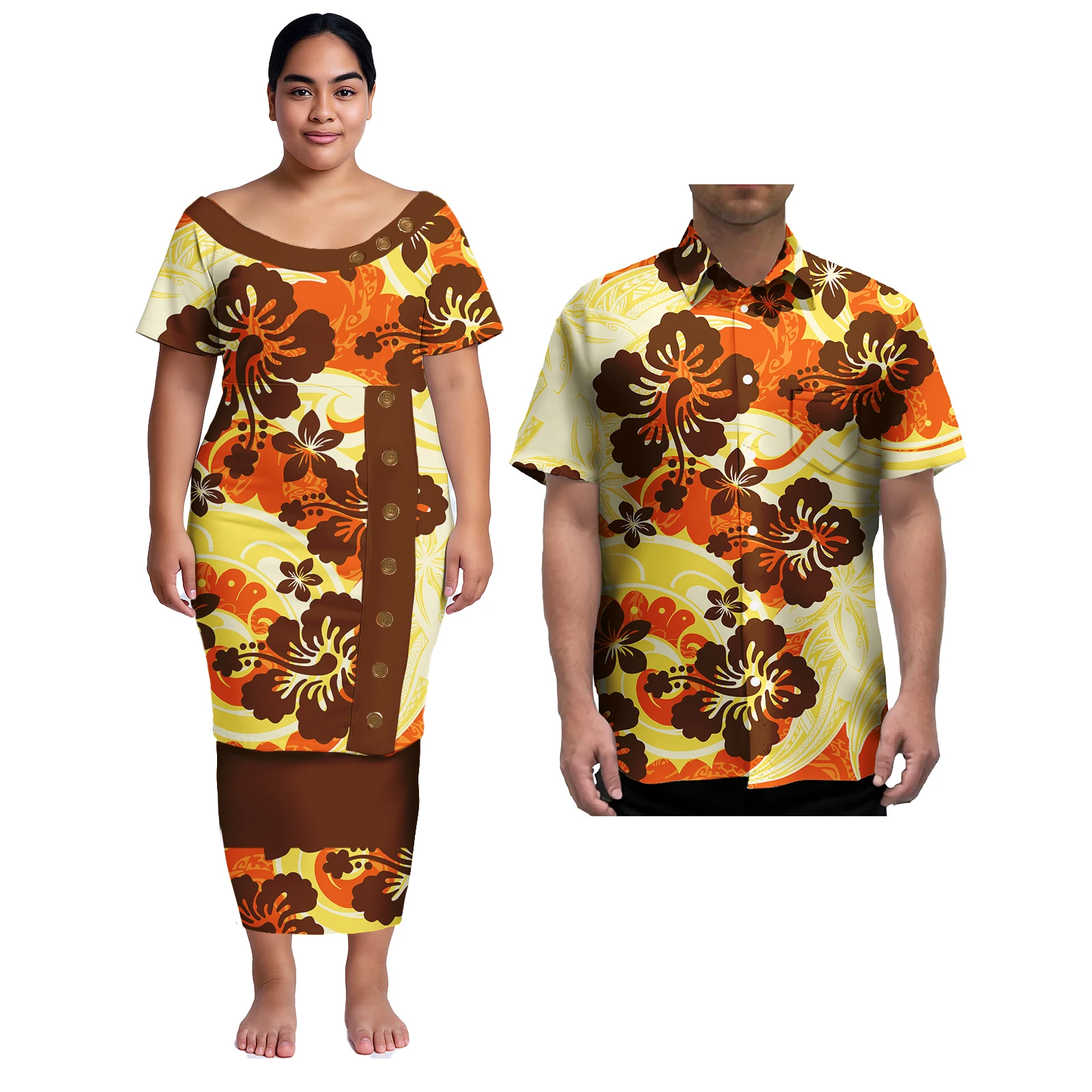 Couple Clothes Isand Style Design Samoan Print Plus Size Aloha Men Shirt Matching Female Hawaiian Puletasi Dress