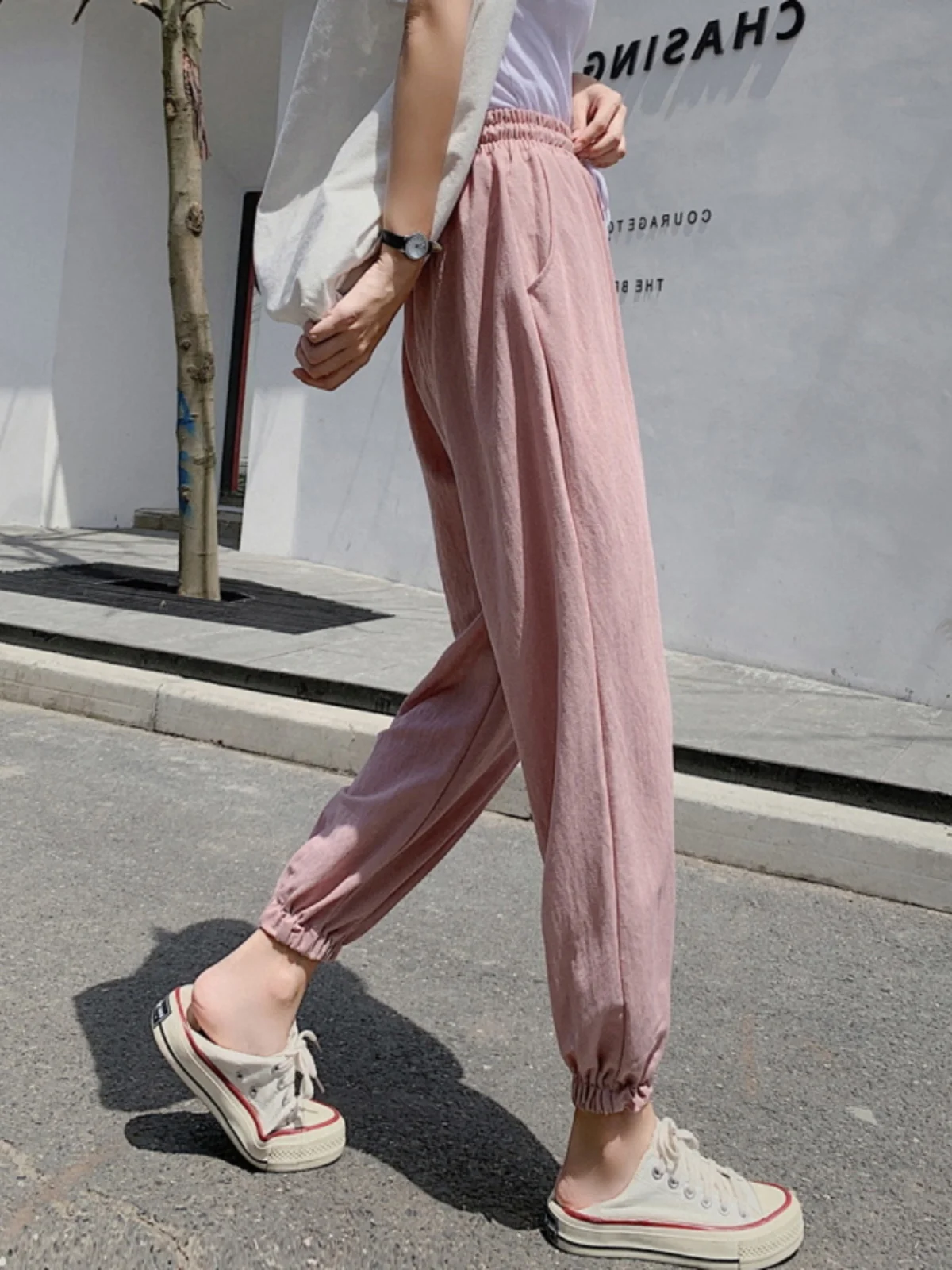 

Женские летние тонкие спортивные брюки из ледяного шелка, повседневные широкие брюки-фонарики с высокой талией, из смесового хлопка, фасон «гарлан»