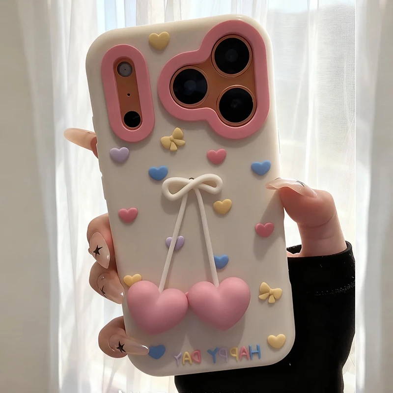 

Pink Love heart Soft Silicone Case For iphone 17promax 16 15 14 Plus 12 13 Pro Max 15Pro 14promax 3D Cute Patterns pendant Girl