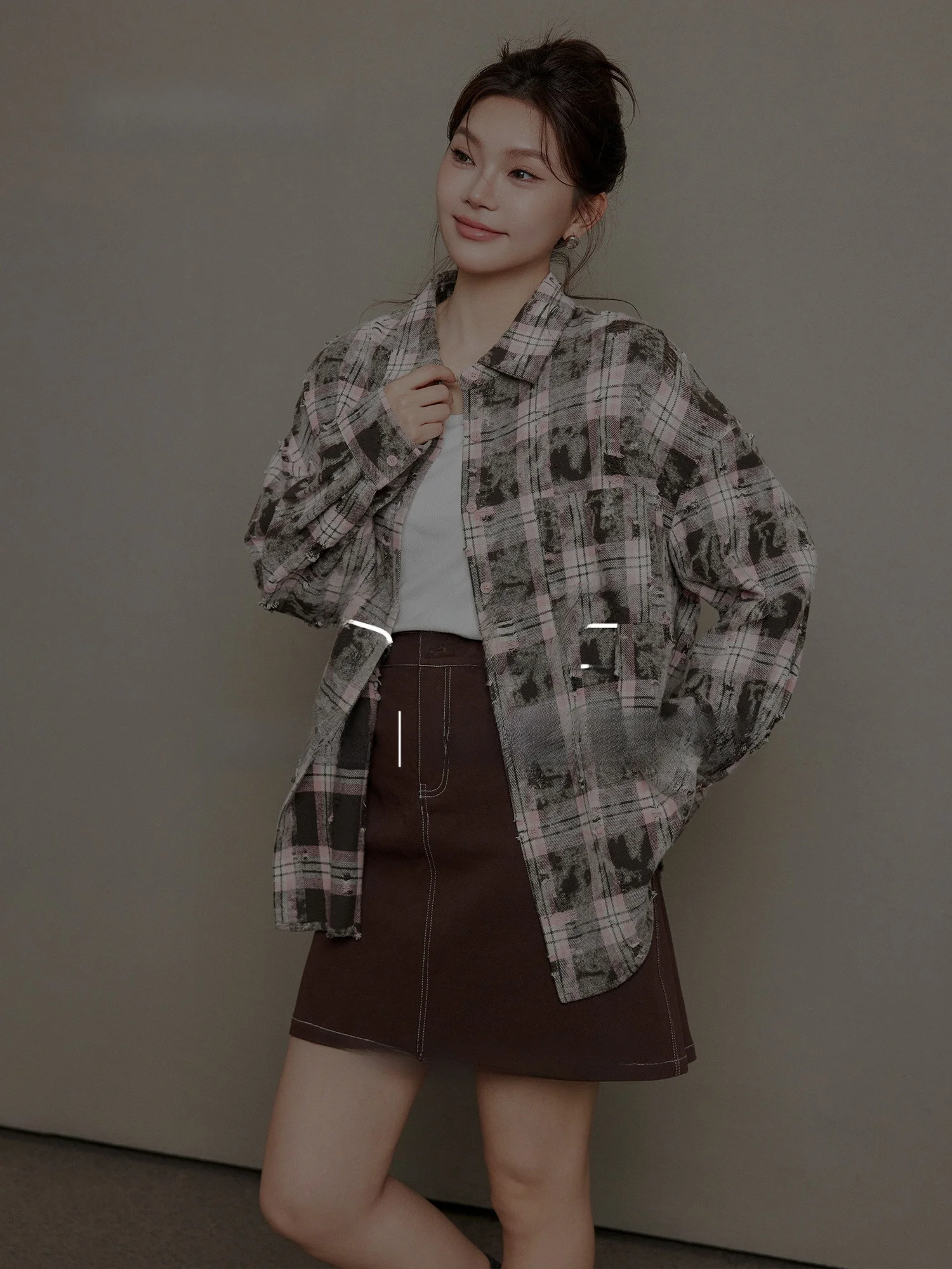 

Plusmall Casual Loose Fit Long Sleeve Shirt Women's Spring Fashion Pink Plaid Hole Vintage Style Casual Wear for Ladies