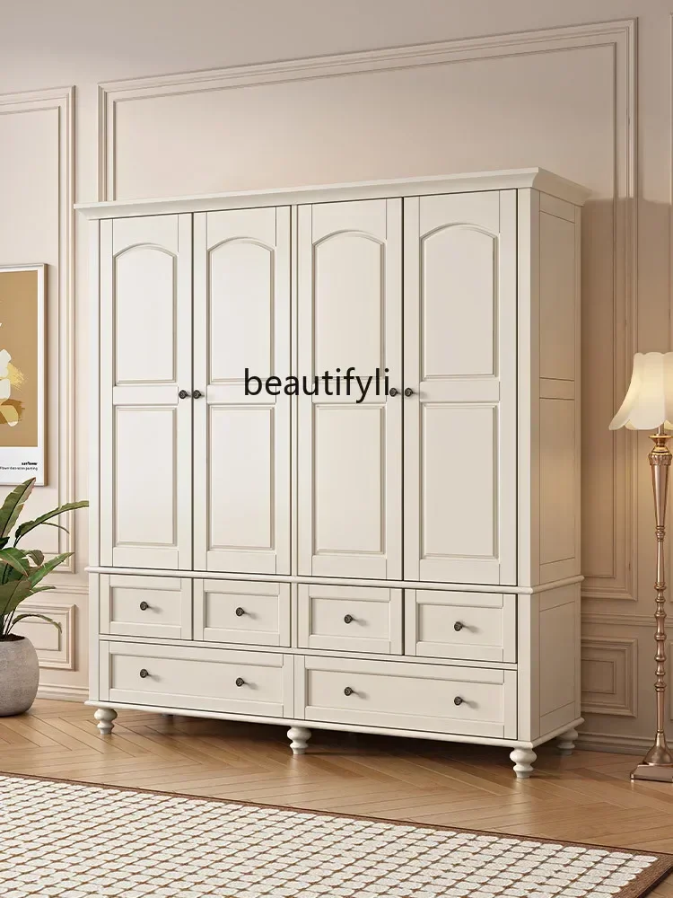 cqyAmerican Solid Wood Wardrobe White Cream Style White Peach Heart Solid Wood American Wardrobe Bedroom Wardrobe