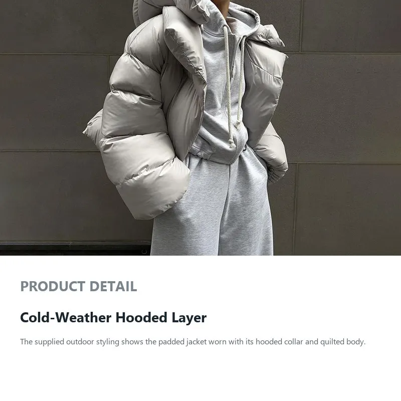 Women's Winter Hooded Puffer Jacket Warm Padded Coat Loose Fit Stand Collar Solid Color Short Quilted Outerwear