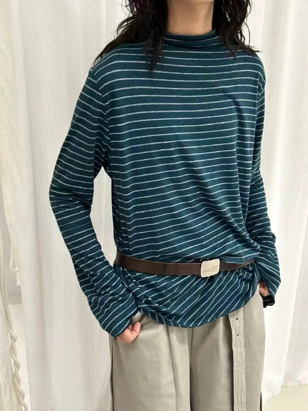 

High Collar Asymmetric Long Sve T-irt Wooden Ear Versatile Simple Korean Sle Base irt Autumn Wind by BABESLE