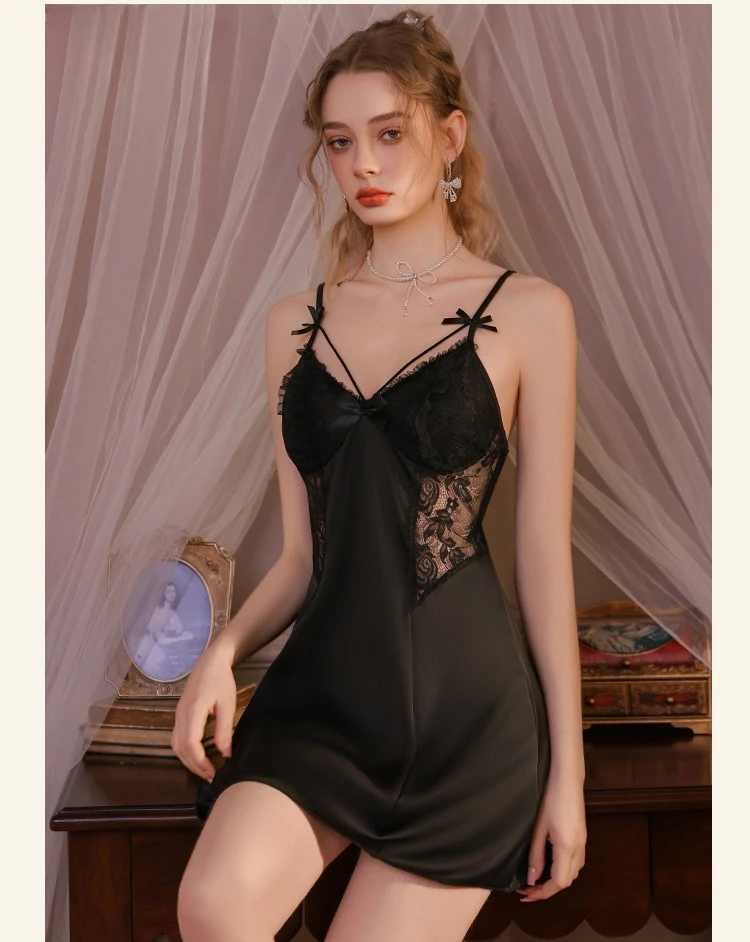 Summer Alluring Purely Charming Lace  Smooth Nightgown Bra Pads Strappy Sleep Pajamas Plus T- Back Panties Cozy Homewear 2pcs