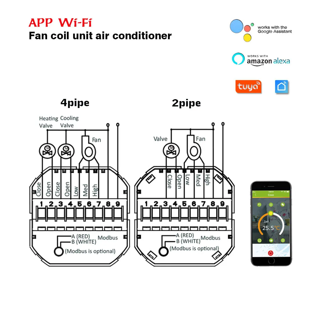 2-pipe 4-pipe fan coil thermostat TUYA WIFI remote control valves and 3-speed fans for heating cooling 24VAC 95-240VAC optional