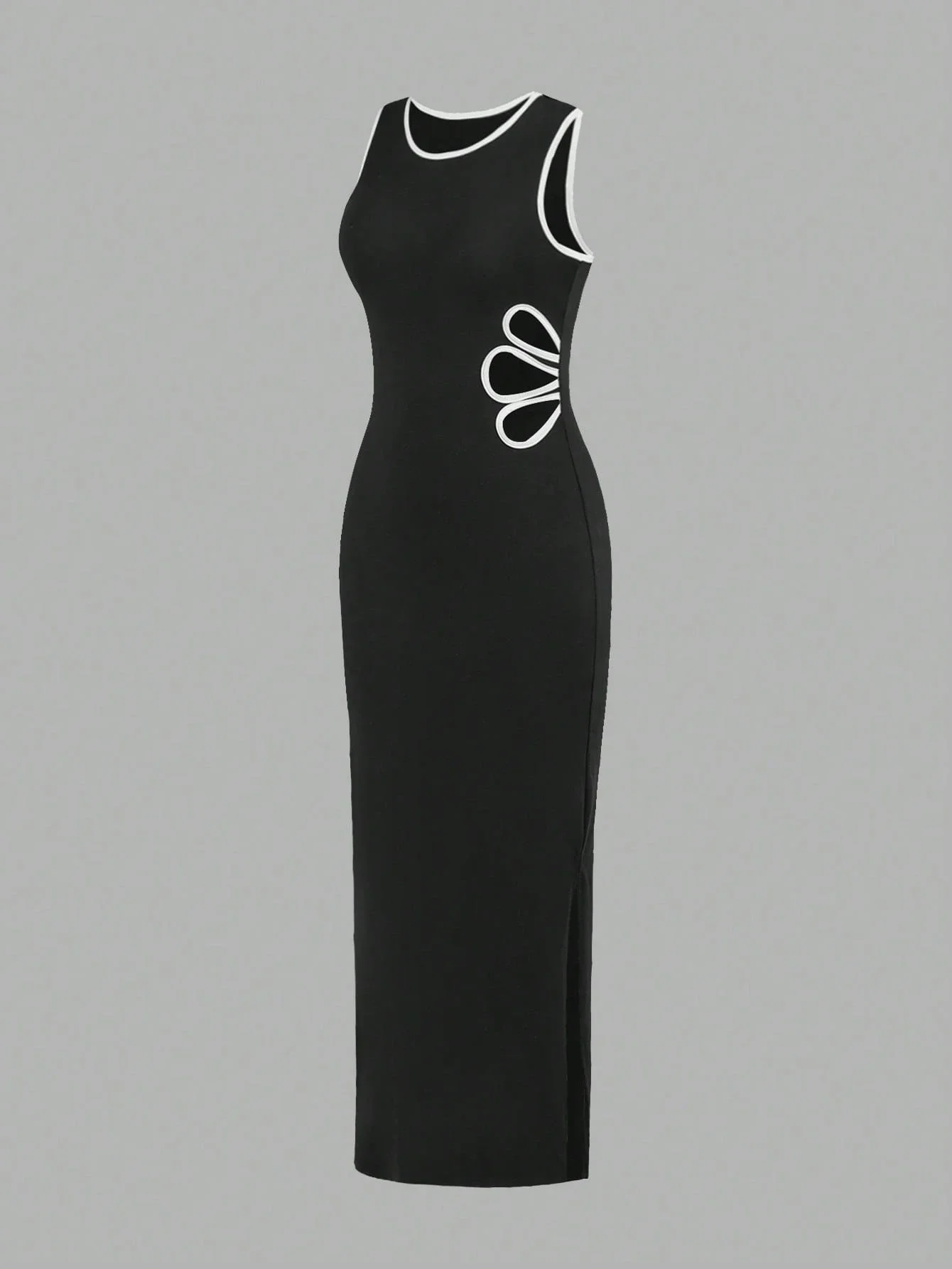 

Черное платье без рукавов с вырезами и контрастной отделкой, прямого кроя