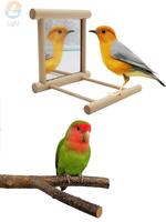 Bird Mirror With Perch Parrots Hanging Cage Wood Stand Toy For Macaws Lovebird Cockatoo Parakeet Conure Finch Cockatiels