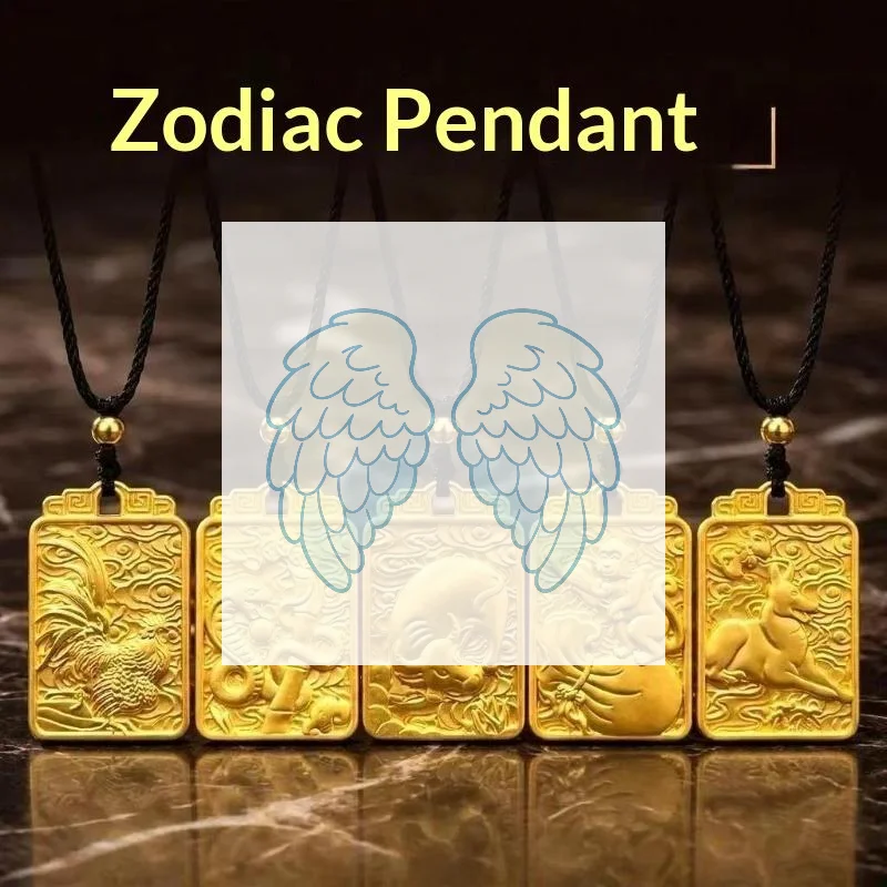 Gold Plated Chinese Zodiac Pendant Necklace Engraved Auspicious Patterns Adjustable Rope For Daily Wear Gifting