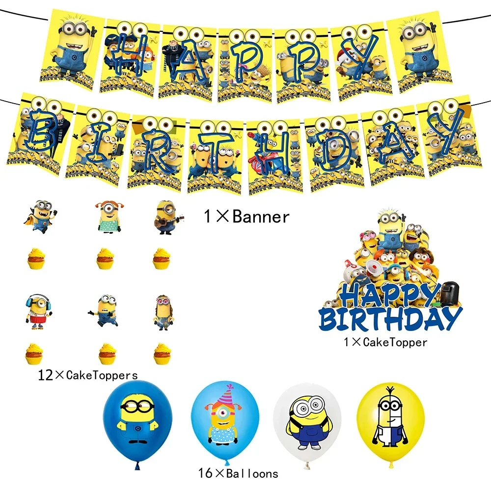 Conjunto de decoración de fiesta de cumpleaños de la serie de Minions de película, Bandera de pastel, Bola de plantación, combinación de decoración de fiesta de cumpleaños