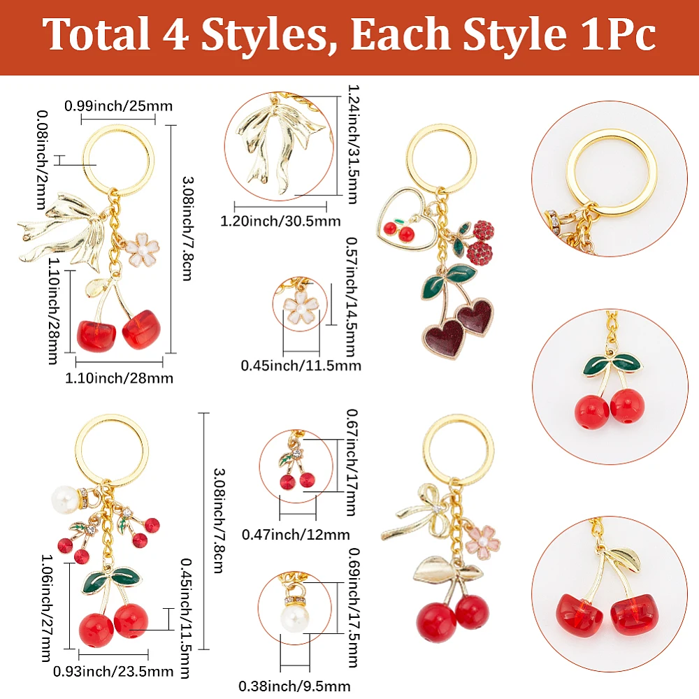 1 Box 4 Styles Cherry Keychain Bulk Red Cherry Key Chain Fashion Enamel Alloy Heart Charms with Cute Fruit Flower Pearl Keyrings
