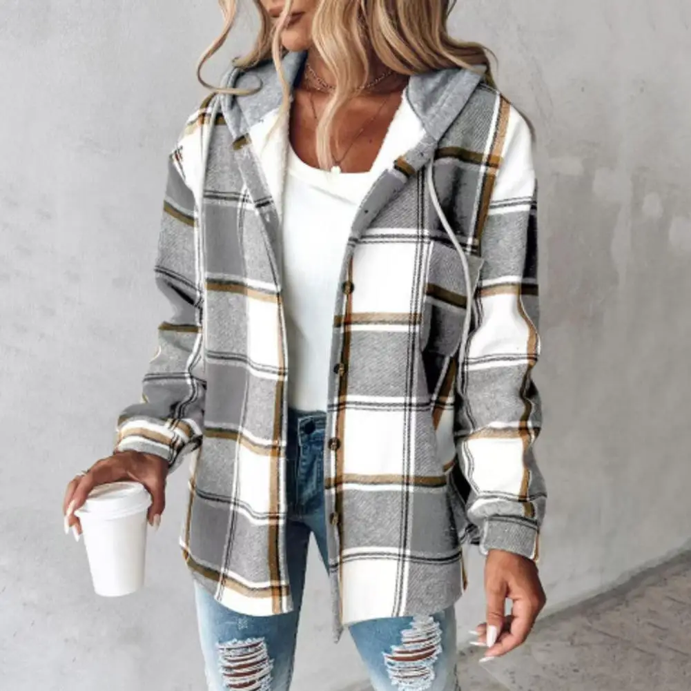 Hooded Women Jacket Plaid Print Drawstring Hoodie Coat for Women Warm Winter Cardigan with Long Sleeves Single-breasted for Wear