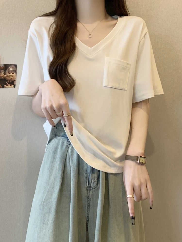 Slimming V-Neck Short Sleeve T-Shirt Women's Summer plus Size Conceal Belly Design Pocket Halvesleeve Base Shirt Korean Style