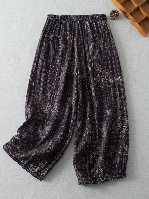 Casual Elastic Waist Double Layered Mesh Printed Women's Pants Autumn New Style Slimming Harlan Pants with Pockets Cotton Blend