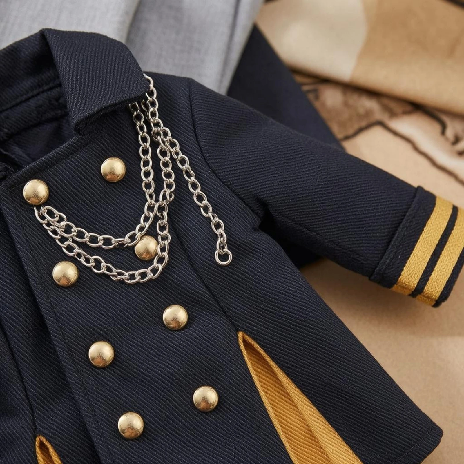 Long Coat Uniform Round Cap Doll Outfit Miniature Jacket and Pants Set Gold-Tone Buttons Model Accessory Chain Trim