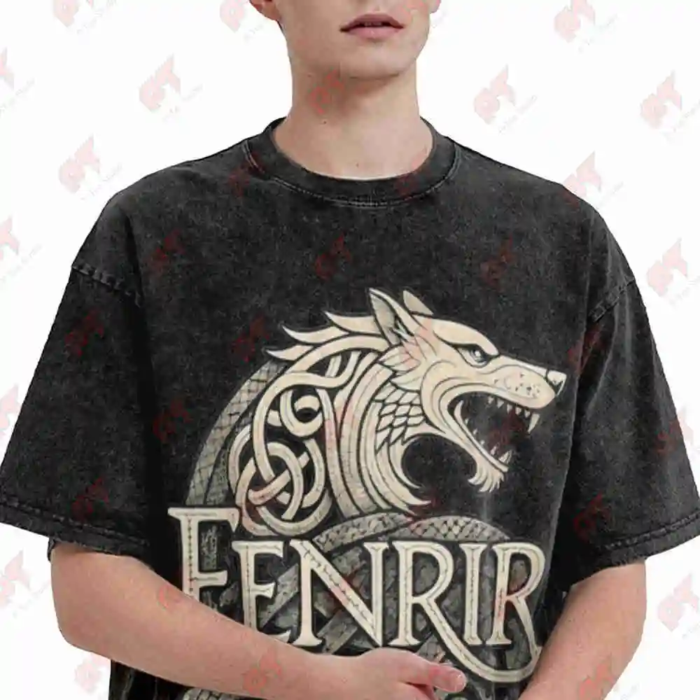 Fenrir Viking Wolf Norse Knotwork Mythology Vintage Washed Tee Pure Cotton T-Shirt