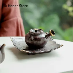 70ml Retro Old Rock Mud Side Handle Tea Pot Handmade Red Gold Teapot Zen Pot Tea Soaking Kettle Chinese Kung Fu Tea Set Craft