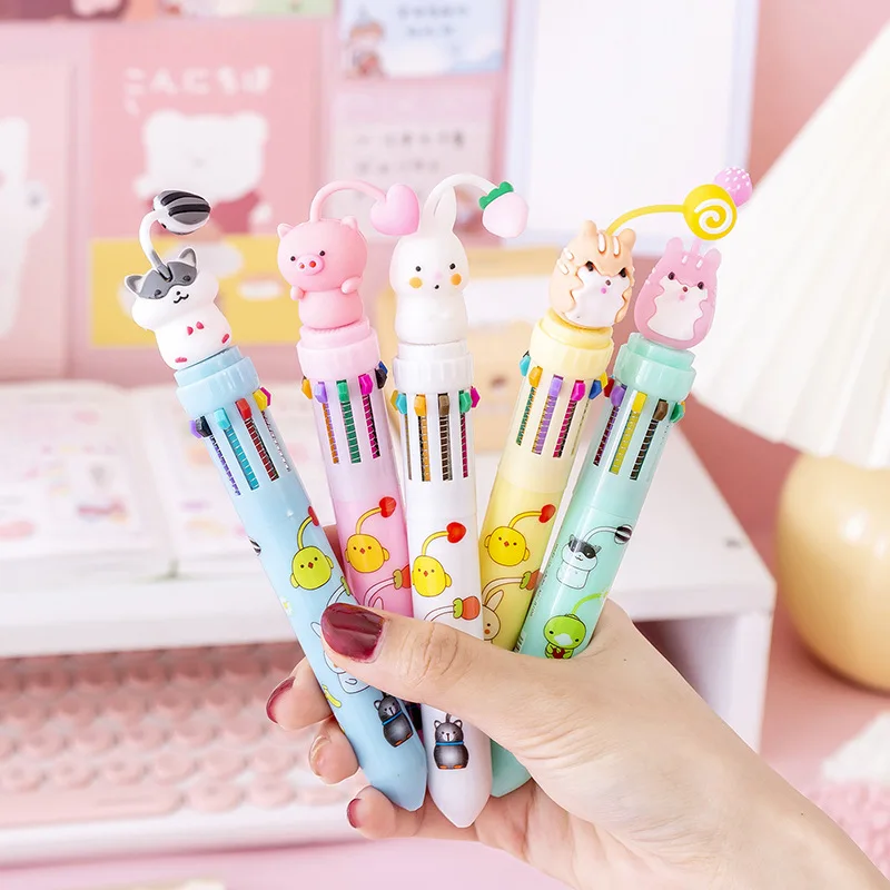 Imagem -05 - Canetas Esferográficas Kawaii Animal 10 Cores Desenhos Animados Bonitos Coelho Porco Retrátil Multicolor Caneta de Escrita Escola Papelaria de Escritório Pcs