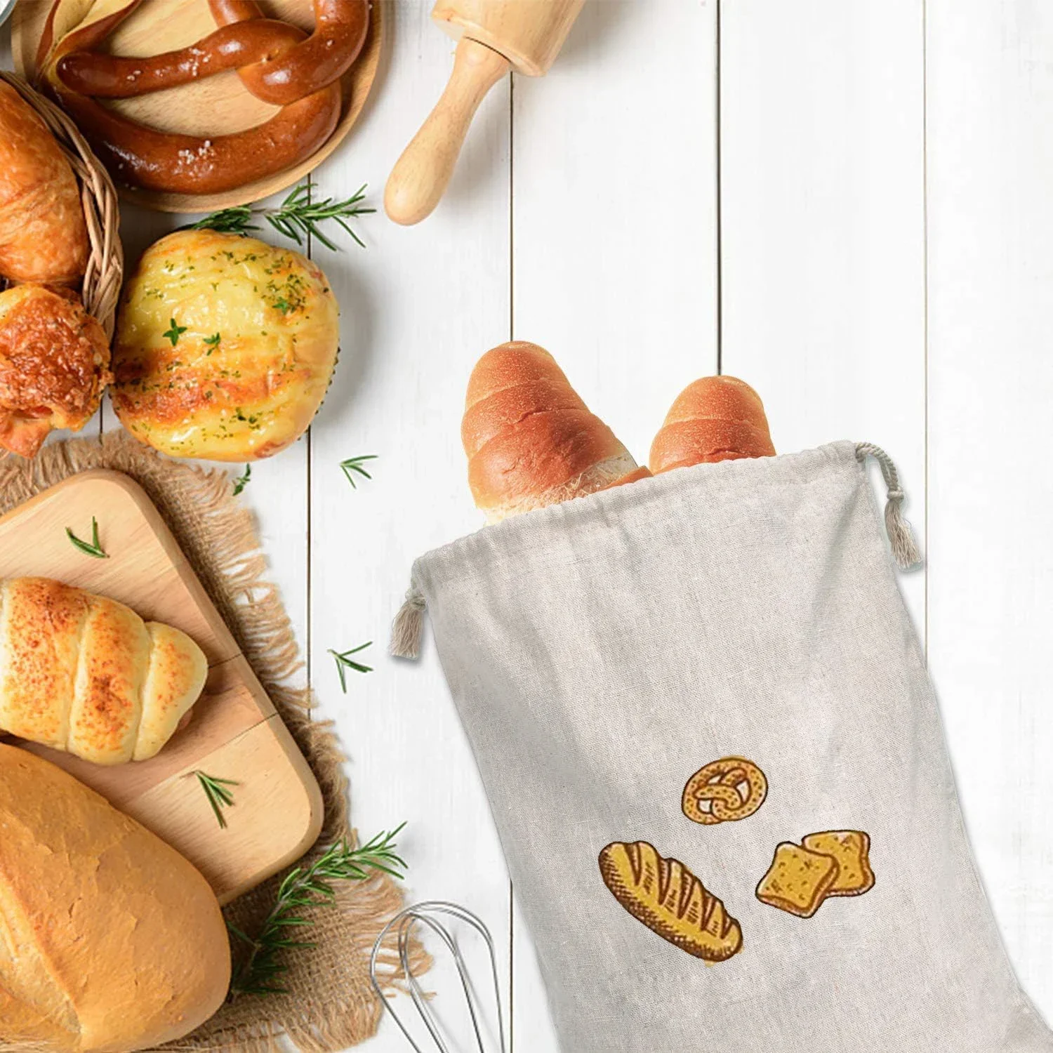 Linen Bread Bags Reusable Drawstring Large Washable Storage Food Accessories Bread Storage Bag Home Unbleached Kitchen Organizer