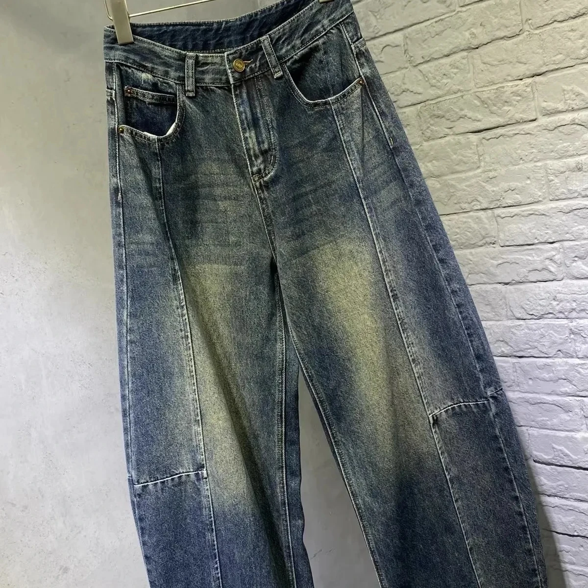 Damen-Jeans mit lockerem, weitem Bein, hohe Taille, Patchwork, lässig, Herbst 2022, Vintage-Stil, schlankmachende, konische Hose, Freizeithose