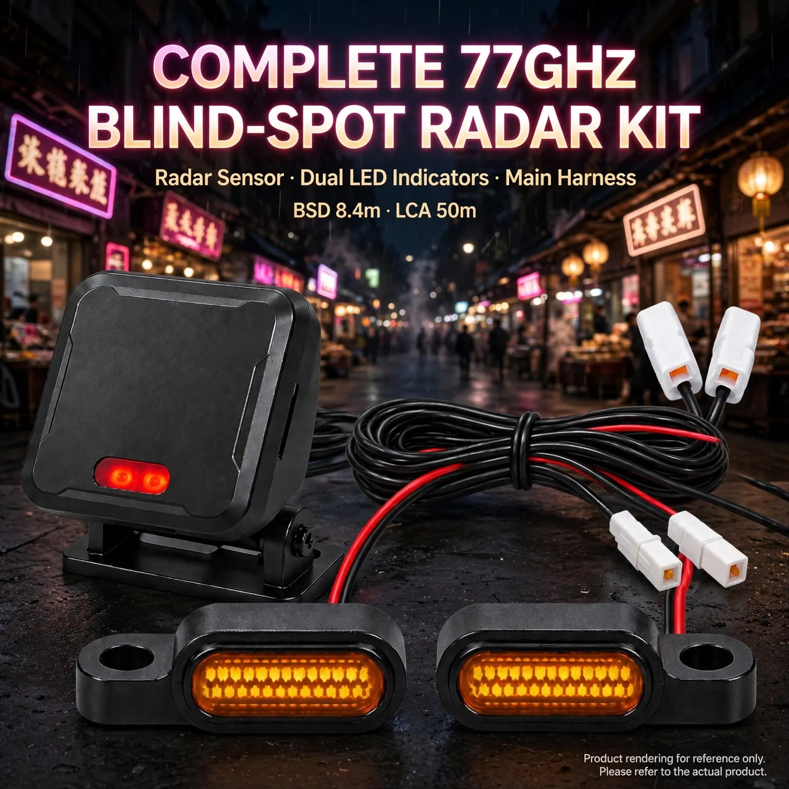 77GHz Motorcycle Blind Spot Monitoring Radar System with Dual LED Warning Indicators – Up to 70m Rear Detection, BSD 8.4m, LCA 5