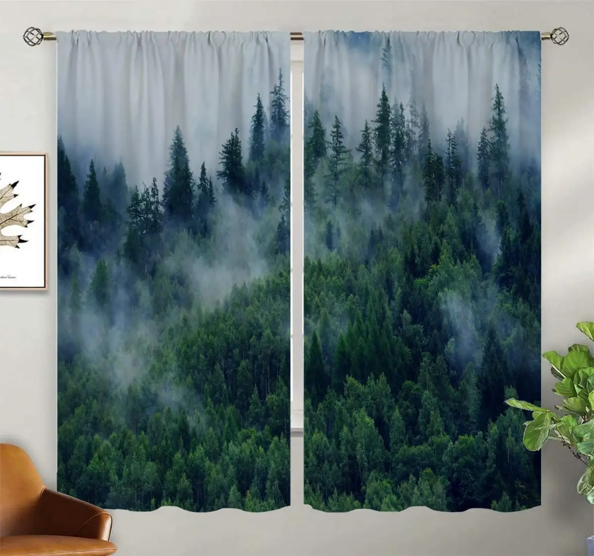 

Foggy Mountains Forest Blackout Curtains Home Decor,Watercolor Landscape Green Rod Pocket Thermal Insulated Drapes Darkening