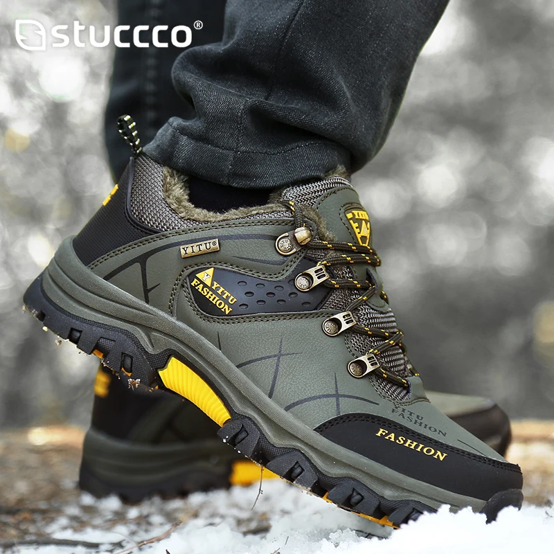 Stivali da neve invernali da uomo Sneakers in pelle impermeabili Stivali con plateau da uomo super caldi Stivali da trekking maschili da esterno Scarpe da lavoro Taglie forti