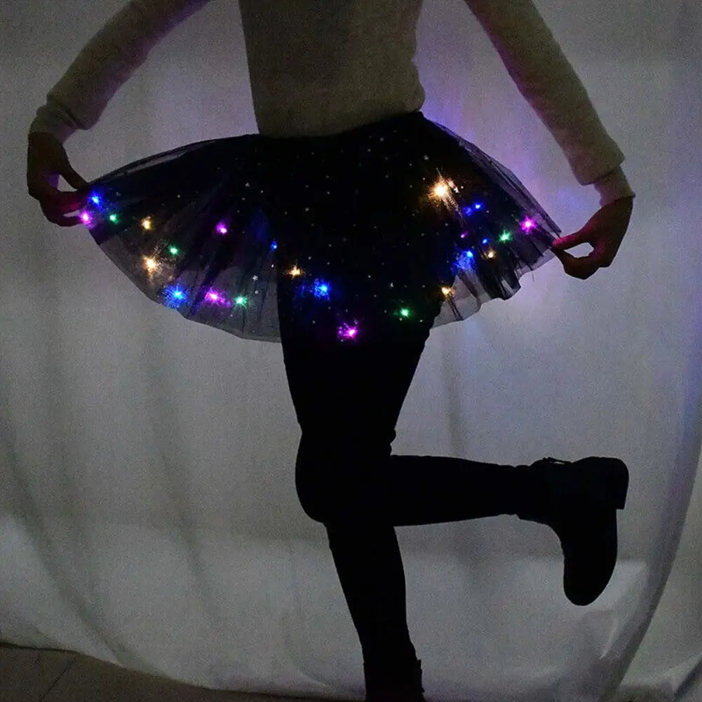 LED Glowing Light Girls Tulle Star Short Tutu Skirt Children Fancy Ballet Dancewear Tulle Light Up Short Dress Light Up Costume