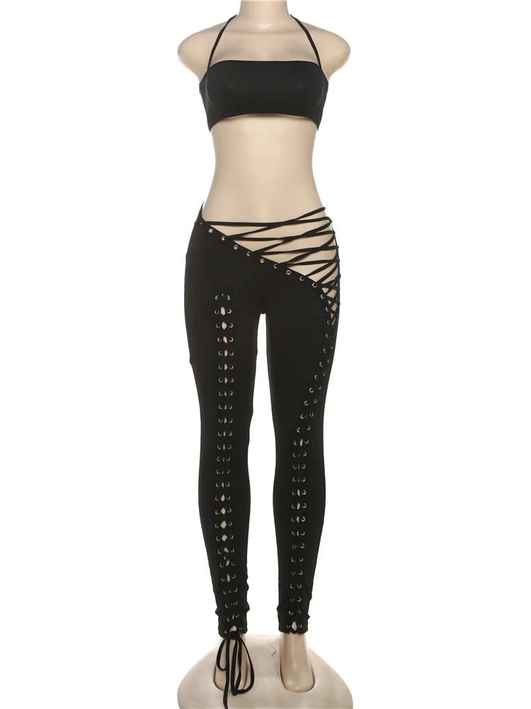 Weird Puss Sexy 2-teiliges Set für Damen, Hipster, Neckholder, Leibchen + Raffung, hohle Hose, Mitternachts-passende Stretch-Clubwear, dünne Outfits