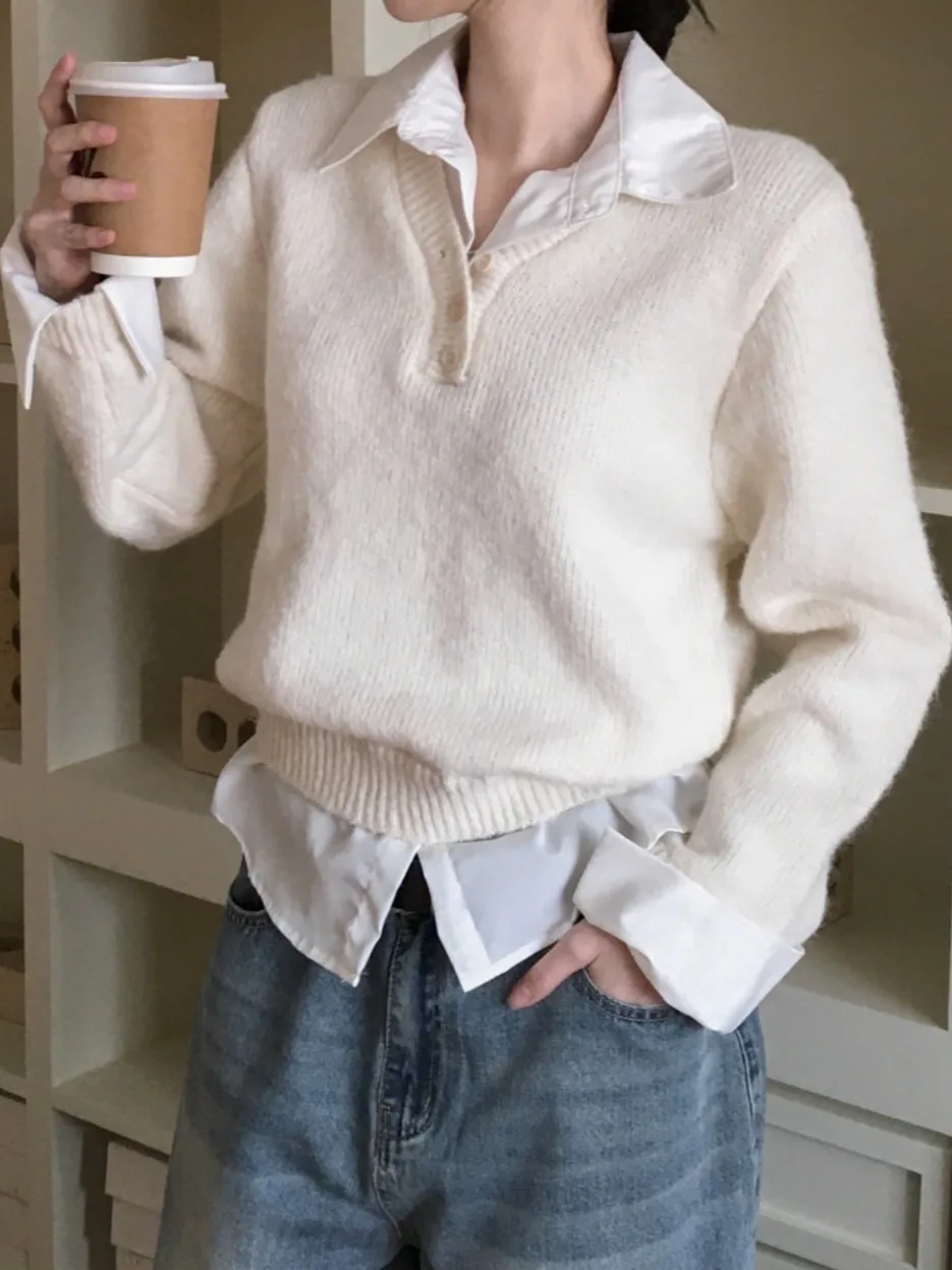 

Elegant Long Sleeve Shirt Collar Knitted Sweater Women's Fashionable Korean Style Fake Two-Piece Design Winter New Arrival