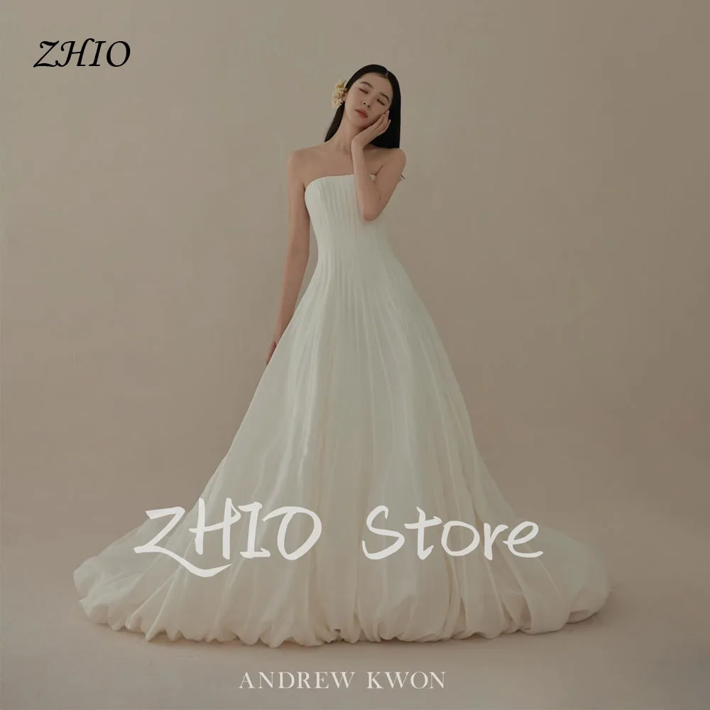 

ZHIO Elegant Silk Taffeta Pleats A-Line Korea Wedding Dress Photo Shoot Strapless Simple New Swep Train Dress Customized