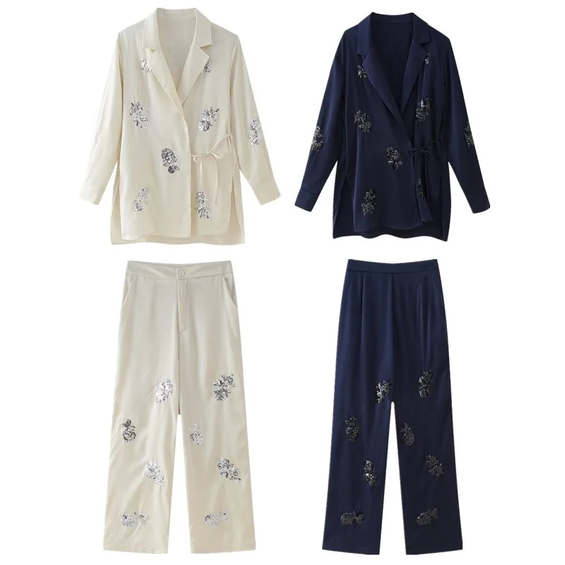 Silk Satin Women's Suit Jaet with awl Collar And Belt mid Waist Long Pants Faionable Busin Casual Outfit 2024 New