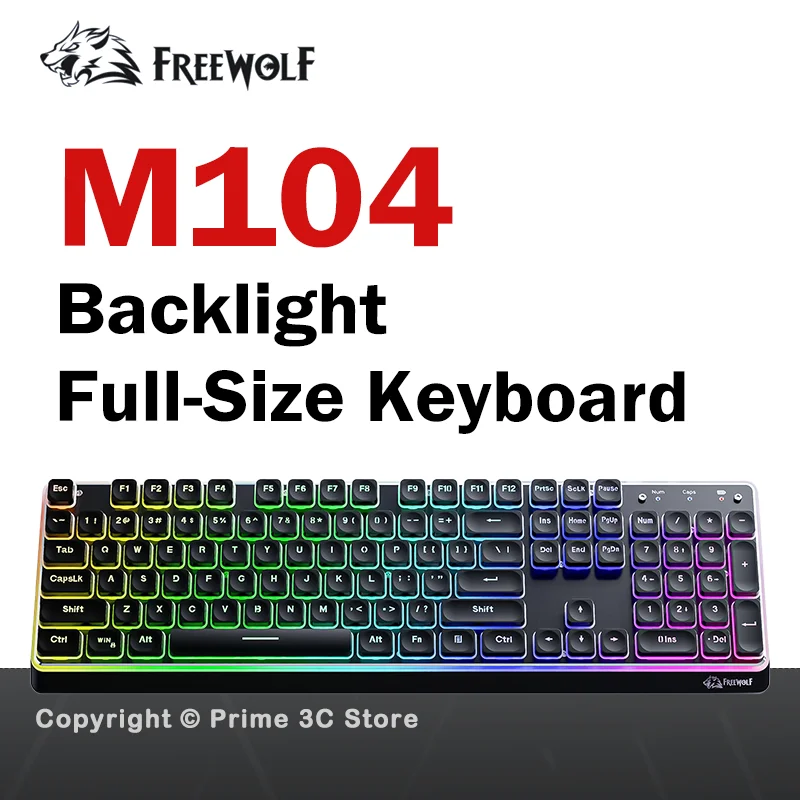 

Freewolf M104 Tri-Mode Wireless Keyboard RGB 104 Keys Ultra Slim Quiet Membrane 4000mAh Large Battery for Windows Mac