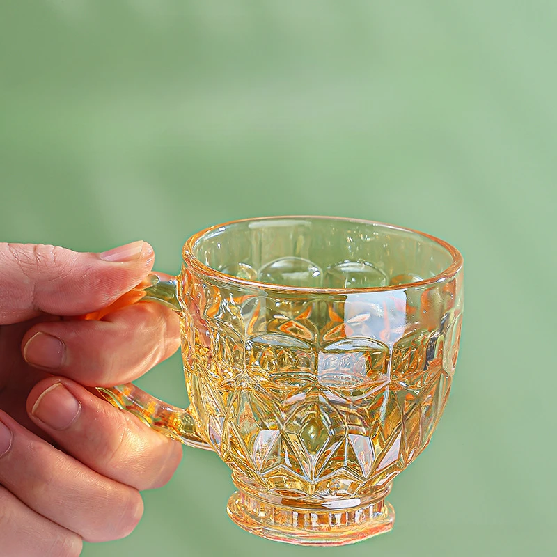 Highly attractive European-style handle cup, amber-colored glass cup, souvenir gift cup, home-use coffee and milk tea cup