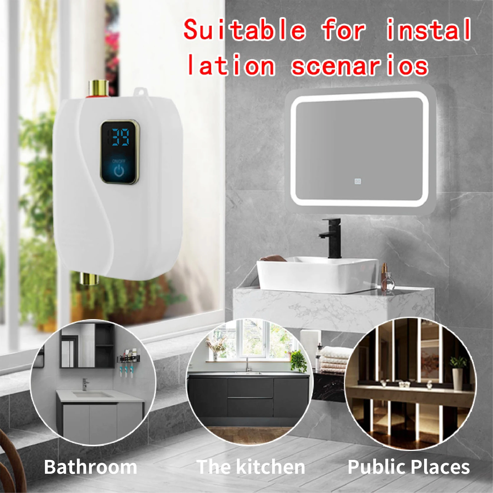 Instant Electric Water Heater 3500W Household Mini Tankless Water Heater with LCD Display for Shower Bathroom Kitchen Use