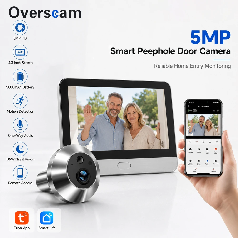 WiFi Peephole Doorbell Tuya Camera FHD 5MP 4.3Inch Door Bell  Eye Camera PIR Motion Detection Smart Home Security Video Doorbell