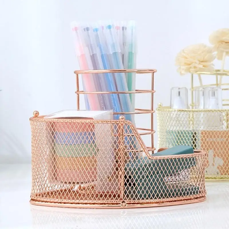 Y5LB Practical Rose Gold Pen Holder with Phone Stand Makeups Holder Desk Home Office Stationery Supplies